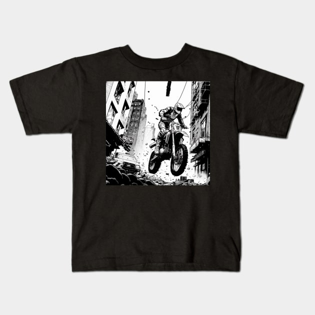 Dirt bike jump in city ruin - black and white Kids T-Shirt by KoolArtDistrict